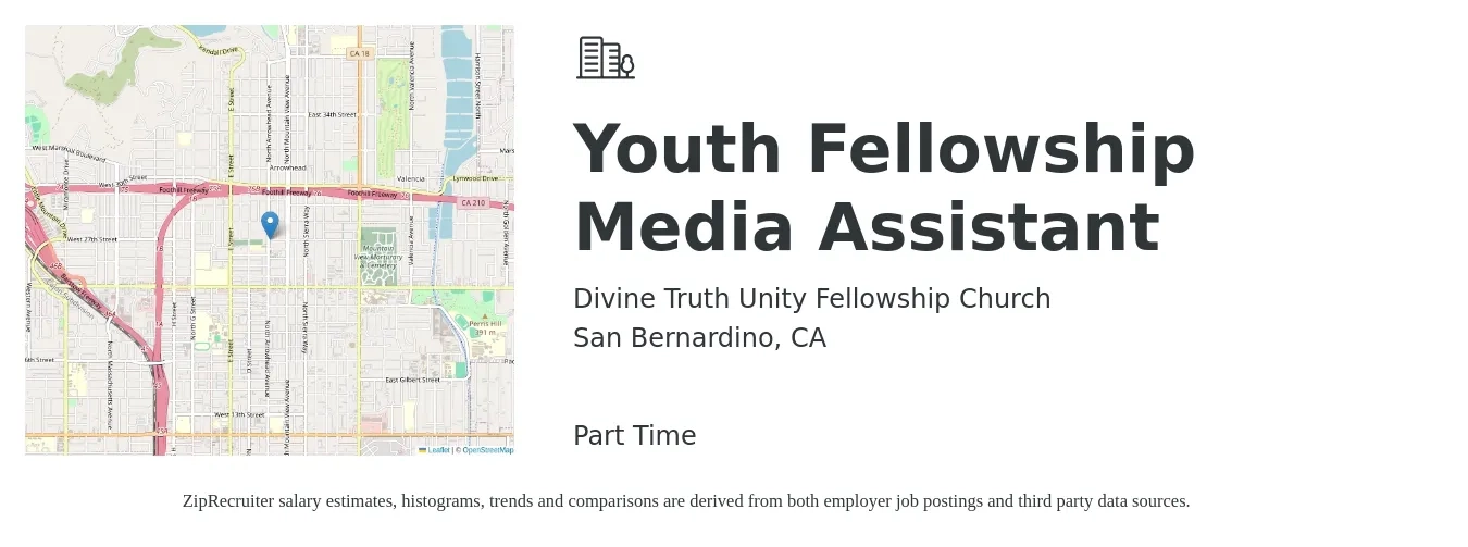 Divine Truth Unity Fellowship Church job posting for a Youth Fellowship Media Assistant in San Bernardino, CA with a salary of $25 Hourly with a map of San Bernardino location.