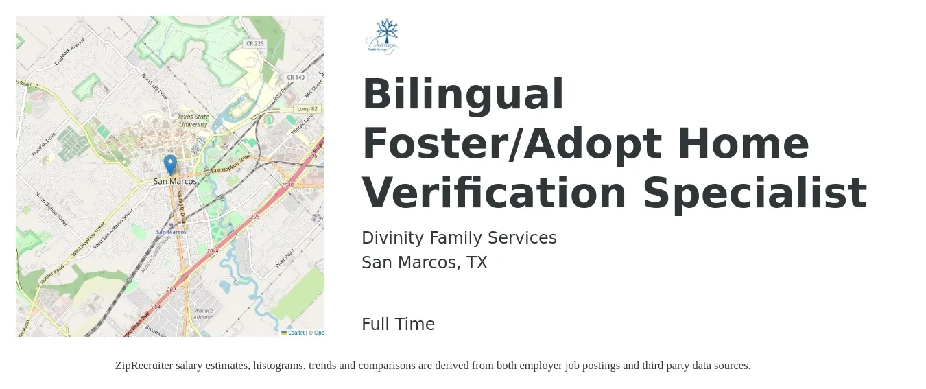 Divinity Family Services job posting for a Bilingual Foster/Adopt Home Verification Specialist in San Marcos, TX with a salary of $16 to $21 Hourly with a map of San Marcos location.