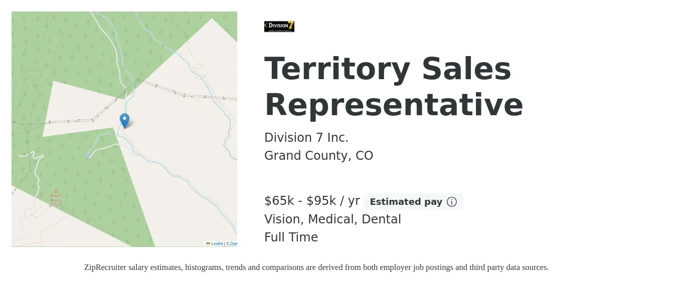 Division 7 Inc. job posting for a Territory Sales Representative in Grand County, CO with a salary of $65,000 to $95,000 Yearly (plus commission) and benefits including medical, pto, retirement, vision, and dental with a map of Grand County location.