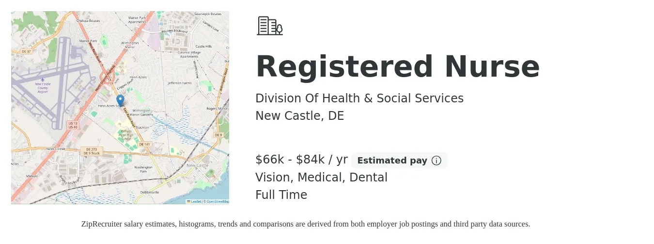 Division Of Health & Social Services job posting for a Registered Nurse in New Castle, DE with a salary of $66,950 to $84,915 Yearly and benefits including medical, pto, retirement, vision, and dental with a map of New Castle location.
