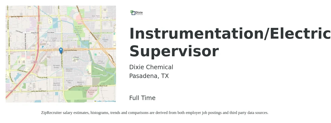 Dixie Chemical job posting for a Instrumentation/Electrical/Analyzer Supervisor in Pasadena, TX with a salary of $90,500 to $116,600 Yearly with a map of Pasadena location.