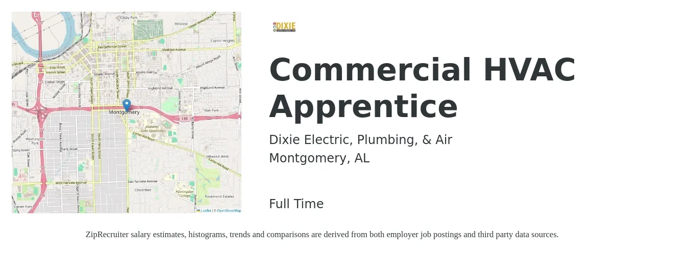 Dixie Electric, Plumbing, & Air job posting for a Commercial HVAC Apprentice in Montgomery, AL with a salary of $13 to $19 Hourly with a map of Montgomery location.