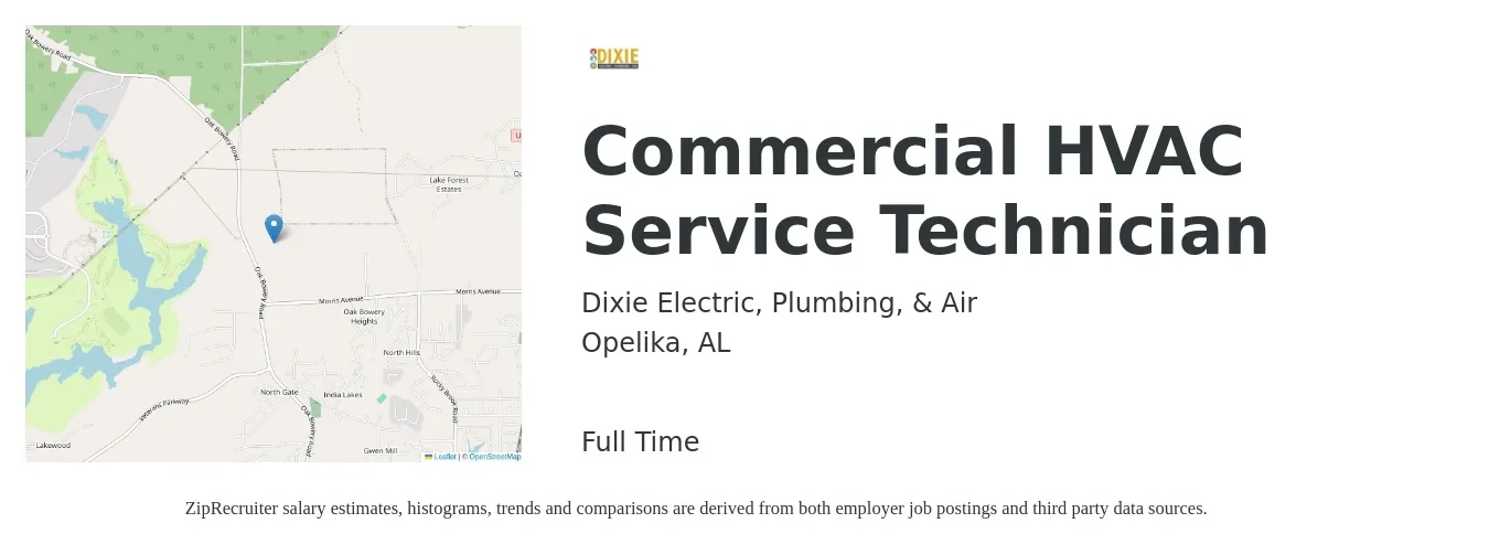Dixie Electric, Plumbing, & Air job posting for a Commercial HVAC Service Technician in Opelika, AL with a salary of $26 to $34 Hourly with a map of Opelika location.