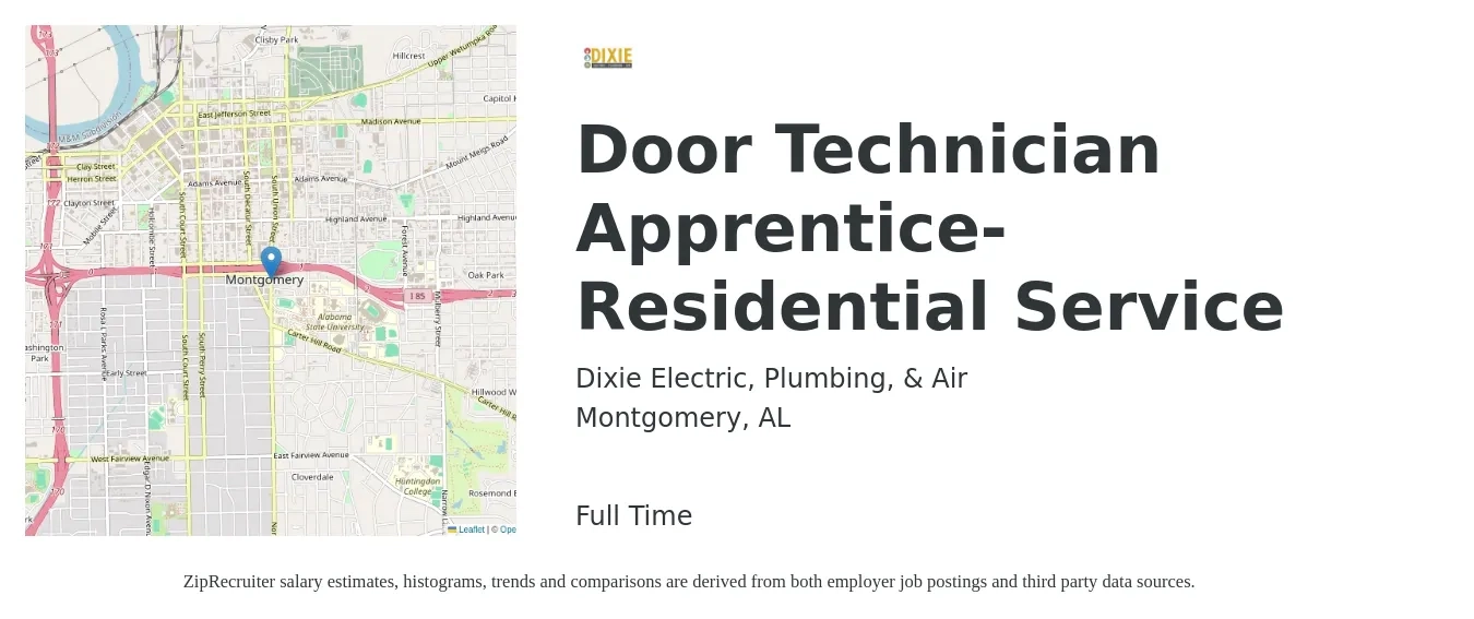 Dixie Electric, Plumbing, & Air job posting for a Door Technician Apprentice- Residential Service in Montgomery, AL with a salary of $14 to $18 Hourly with a map of Montgomery location.
