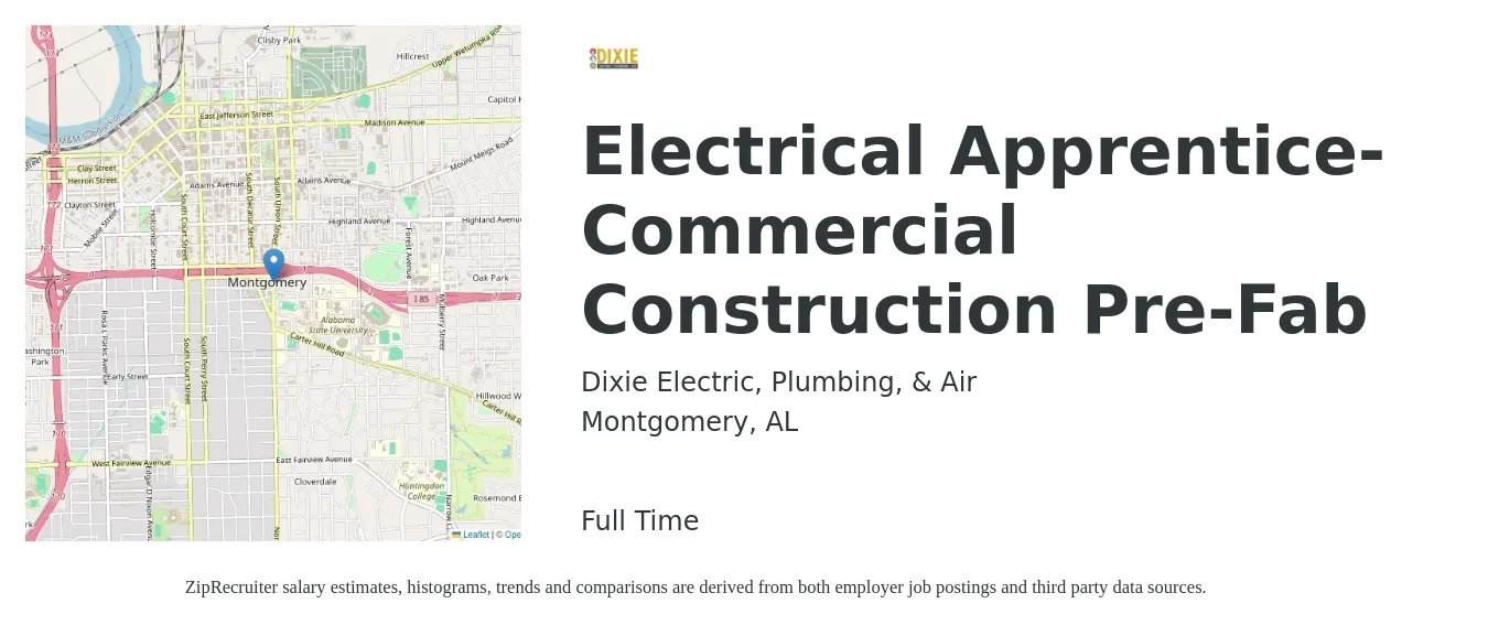 Dixie Electric, Plumbing, & Air job posting for a Electrical Apprentice- Commercial Construction Pre-Fab in Montgomery, AL with a salary of $19 to $26 Hourly with a map of Montgomery location.