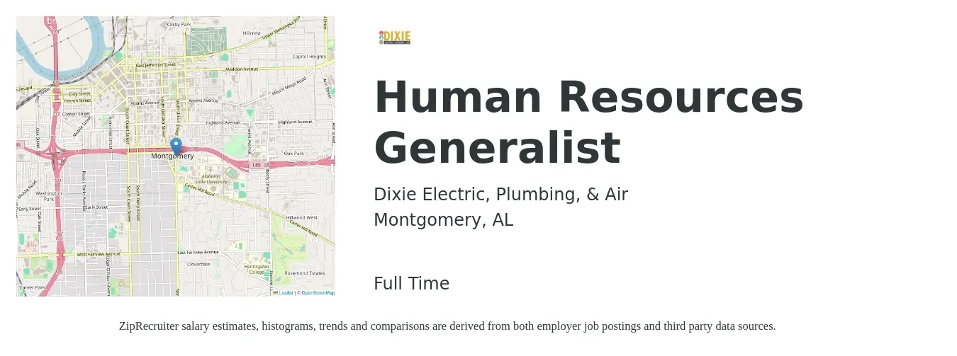 Dixie Electric, Plumbing, & Air job posting for a Human Resources Generalist in Montgomery, AL with a salary of $43,300 to $61,600 Yearly with a map of Montgomery location.