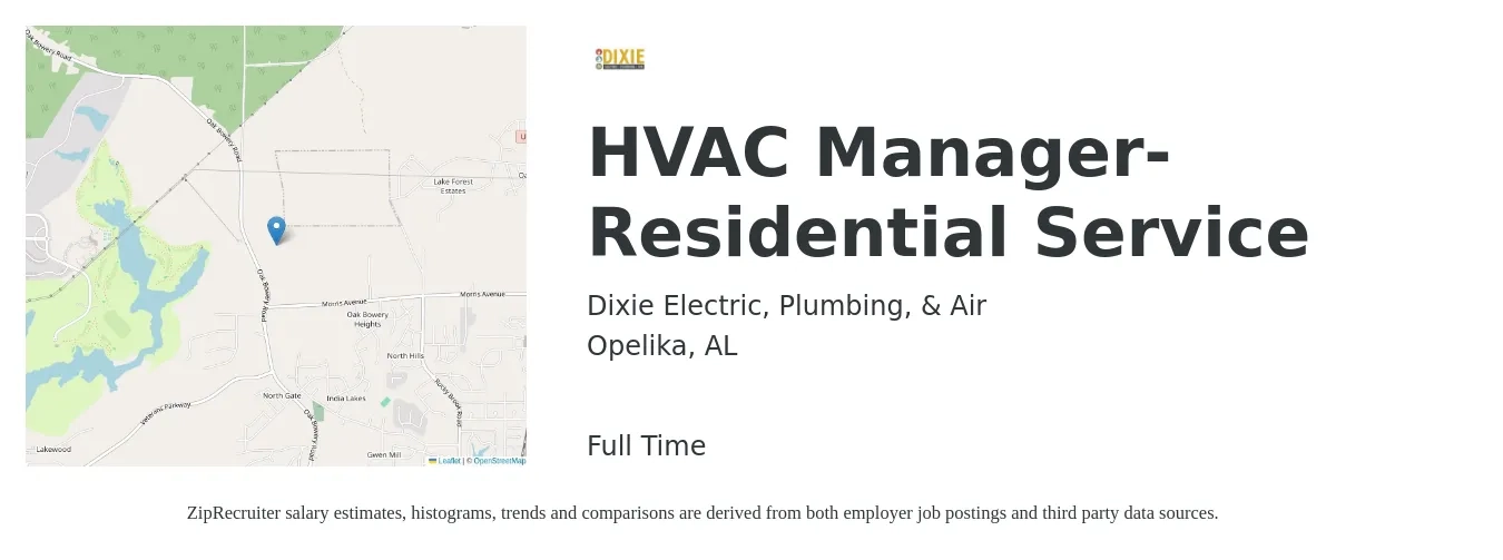 Dixie Electric, Plumbing, & Air job posting for a HVAC Manager- Residential Service in Opelika, AL with a salary of $57,800 to $84,500 Yearly with a map of Opelika location.