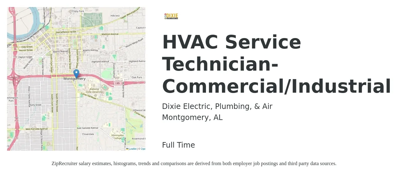 Dixie Electric, Plumbing, & Air job posting for a HVAC Service Technician- Commercial/Industrial in Montgomery, AL with a salary of $30 to $38 Hourly with a map of Montgomery location.