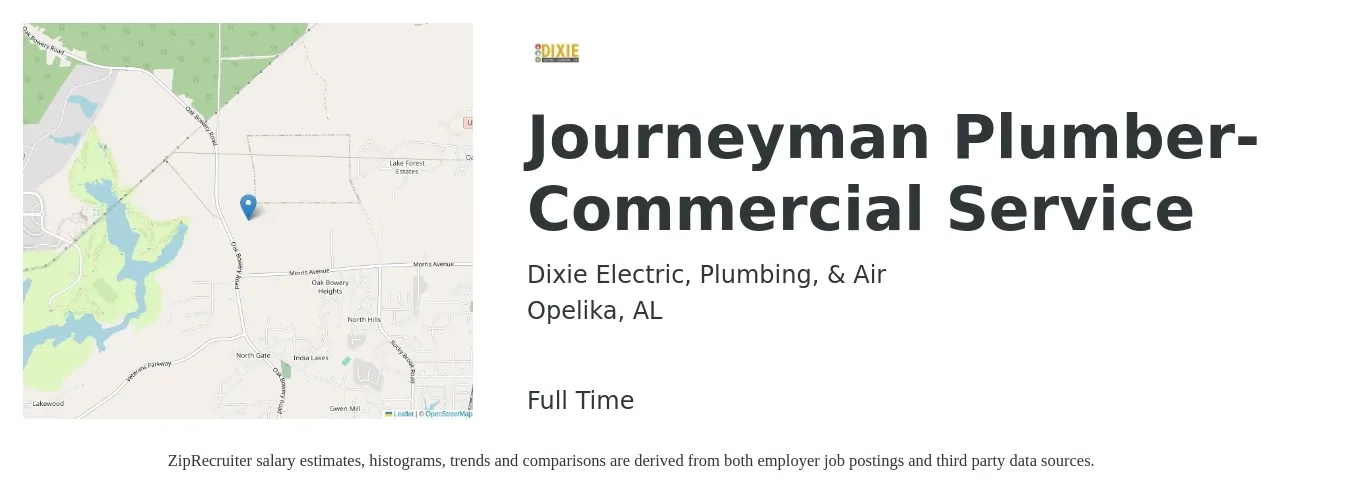 Dixie Electric, Plumbing, & Air job posting for a Journeyman Plumber- Commercial Service in Opelika, AL with a salary of $24 to $34 Hourly with a map of Opelika location.