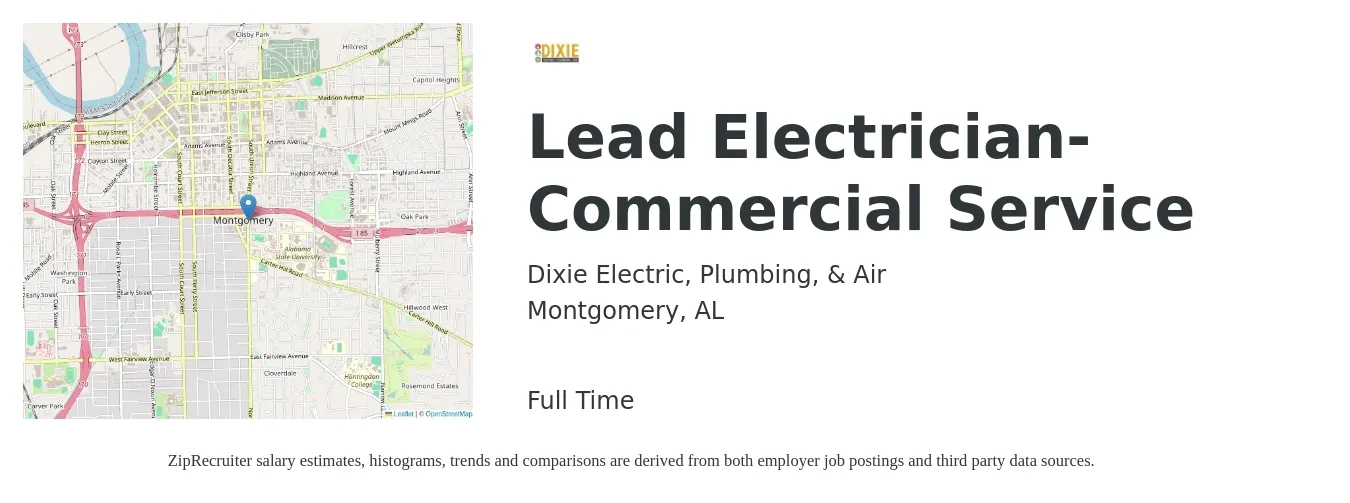 Dixie Electric, Plumbing, & Air job posting for a Lead Electrician- Commercial Service in Montgomery, AL with a salary of $27 to $35 Hourly with a map of Montgomery location.