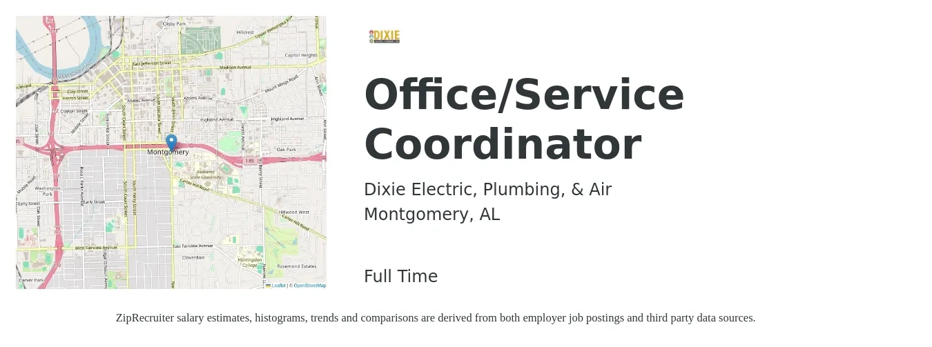 Dixie Electric, Plumbing, & Air job posting for a Office/Service Coordinator in Montgomery, AL with a salary of $16 to $23 Hourly with a map of Montgomery location.