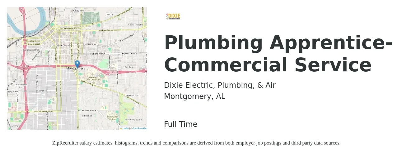 Dixie Electric, Plumbing, & Air job posting for a Plumbing Apprentice- Commercial Service in Montgomery, AL with a salary of $17 to $24 Hourly with a map of Montgomery location.