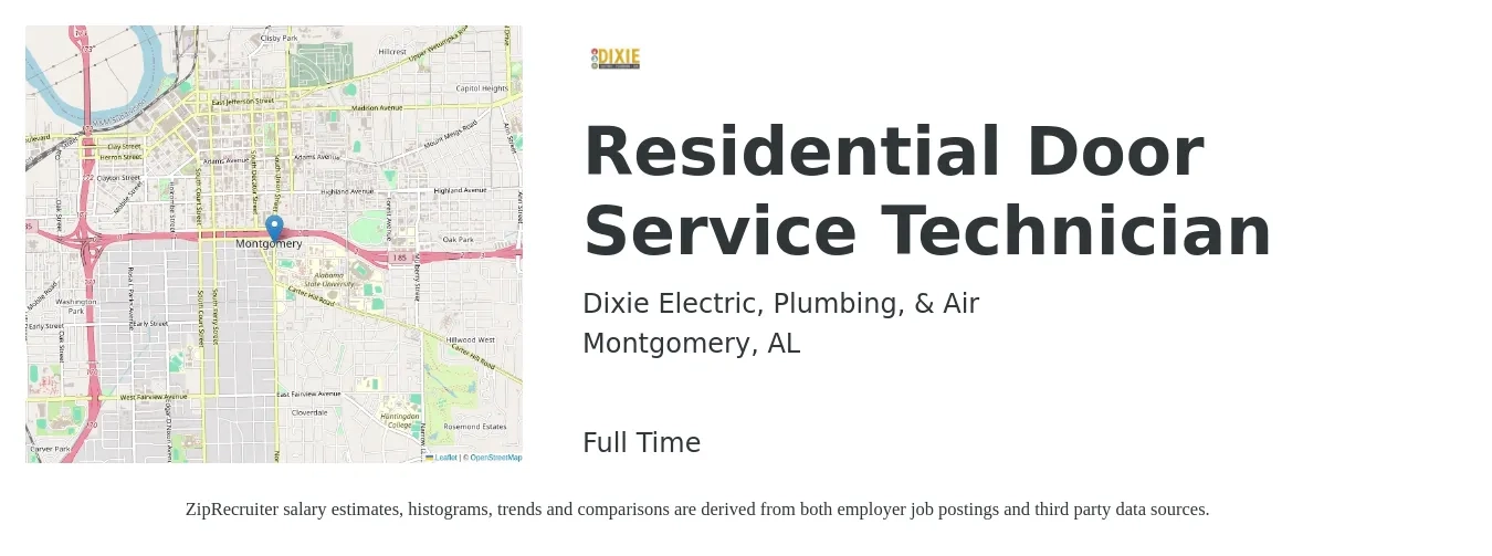 Dixie Electric, Plumbing, & Air job posting for a Residential Door Service Technician in Montgomery, AL with a salary of $16 to $23 Hourly with a map of Montgomery location.