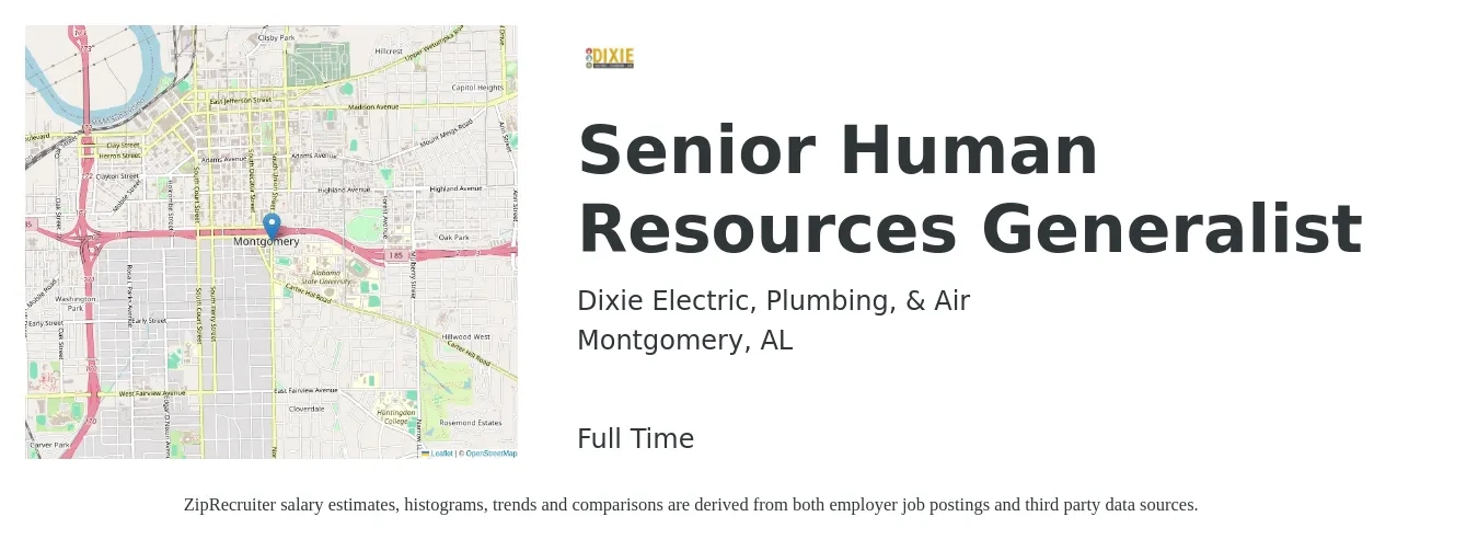 Dixie Electric, Plumbing, & Air job posting for a Senior Human Resources Generalist in Montgomery, AL with a salary of $57,400 to $74,100 Yearly with a map of Montgomery location.