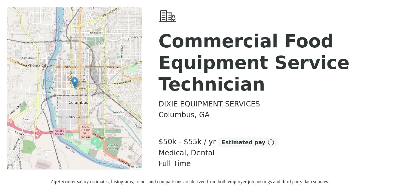 DIXIE EQUIPMENT SERVICES job posting for a Commercial Food Equipment Service Technician in Columbus, GA with a salary of $50,000 to $55,000 Yearly and benefits including dental, life_insurance, medical, pto, and retirement with a map of Columbus location.