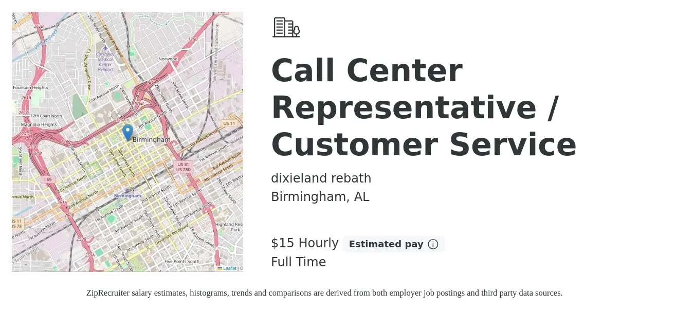 dixieland rebath job posting for a Call Center Representative / Customer Service in Birmingham, AL with a salary of $16 Hourly with a map of Birmingham location.