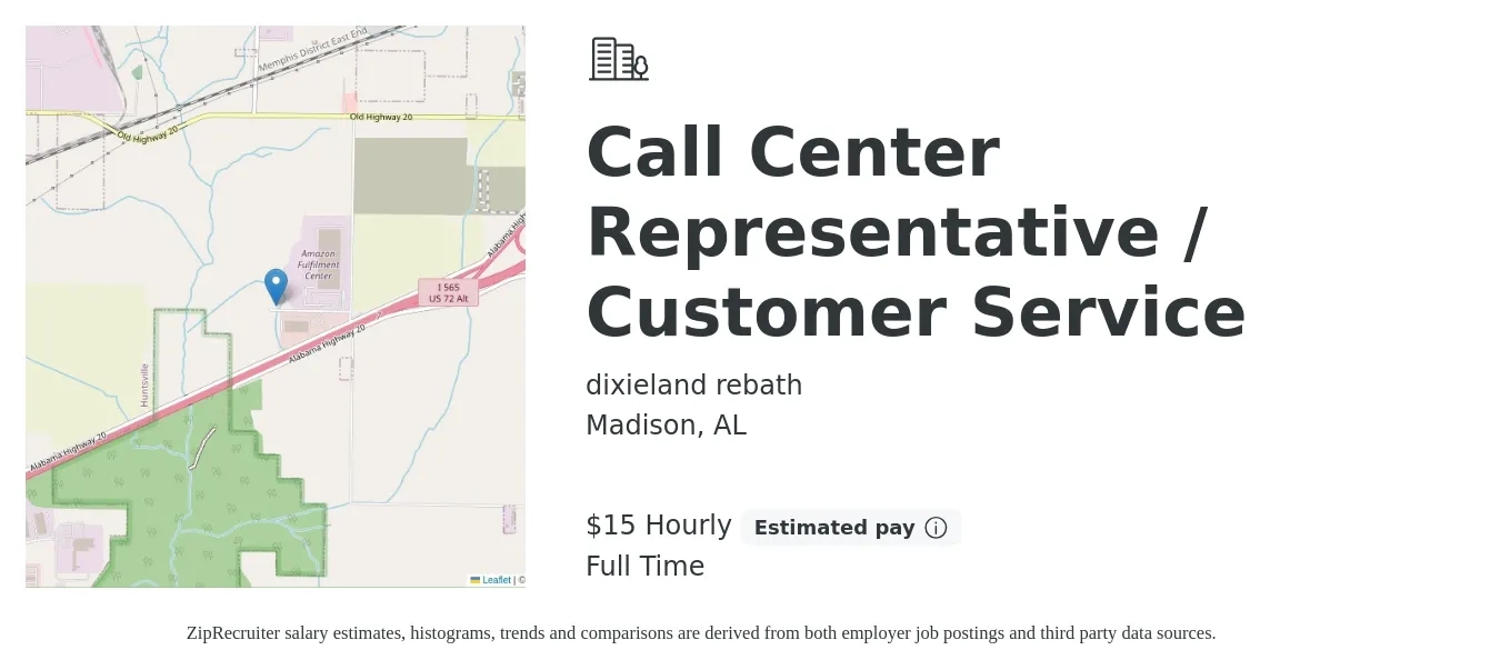 dixieland rebath job posting for a Call Center Representative / Customer Service in Madison, AL with a salary of $16 Hourly with a map of Madison location.