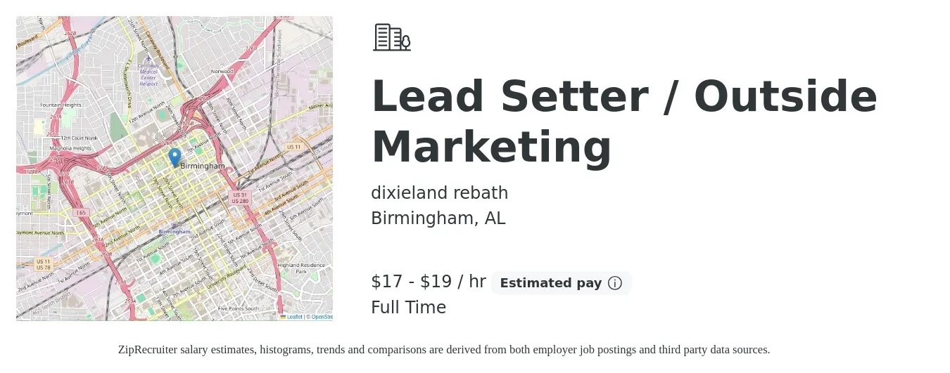 dixieland rebath job posting for a Lead Setter / Outside Marketing in Birmingham, AL with a salary of $18 to $20 Hourly with a map of Birmingham location.