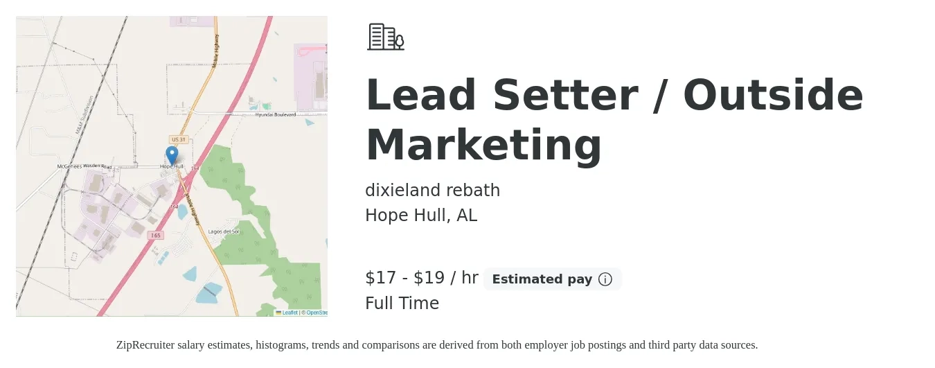 dixieland rebath job posting for a Lead Setter / Outside Marketing in Hope Hull, AL with a salary of $18 to $20 Hourly with a map of Hope Hull location.