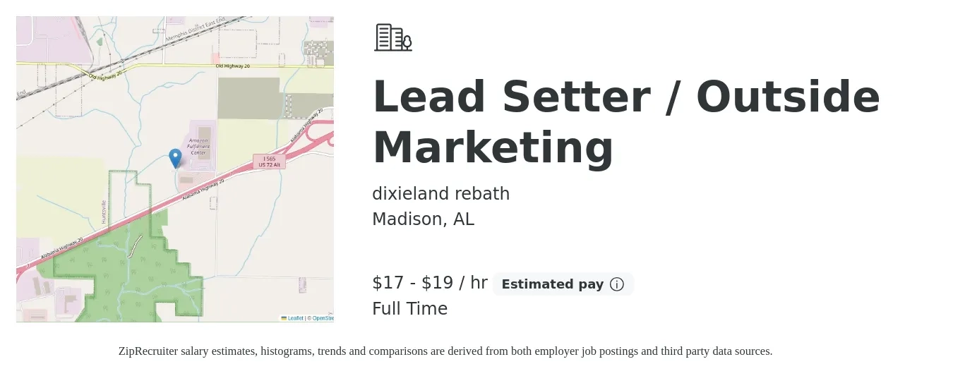 dixieland rebath job posting for a Lead Setter / Outside Marketing in Madison, AL with a salary of $18 to $20 Hourly with a map of Madison location.