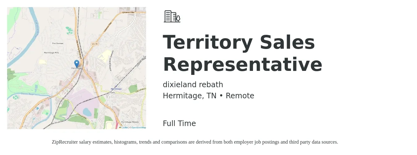 dixieland rebath job posting for a Territory Sales Representative in Hermitage, TN with a salary of $43,800 to $72,700 Yearly with a map of Hermitage location.