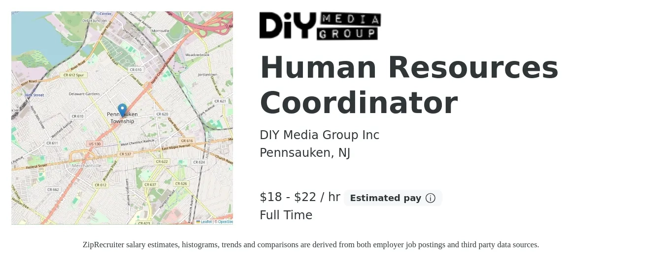 DIY Media Group Inc job posting for a Human Resources Coordinator in Pennsauken, NJ with a salary of $19 to $23 Hourly with a map of Pennsauken location.