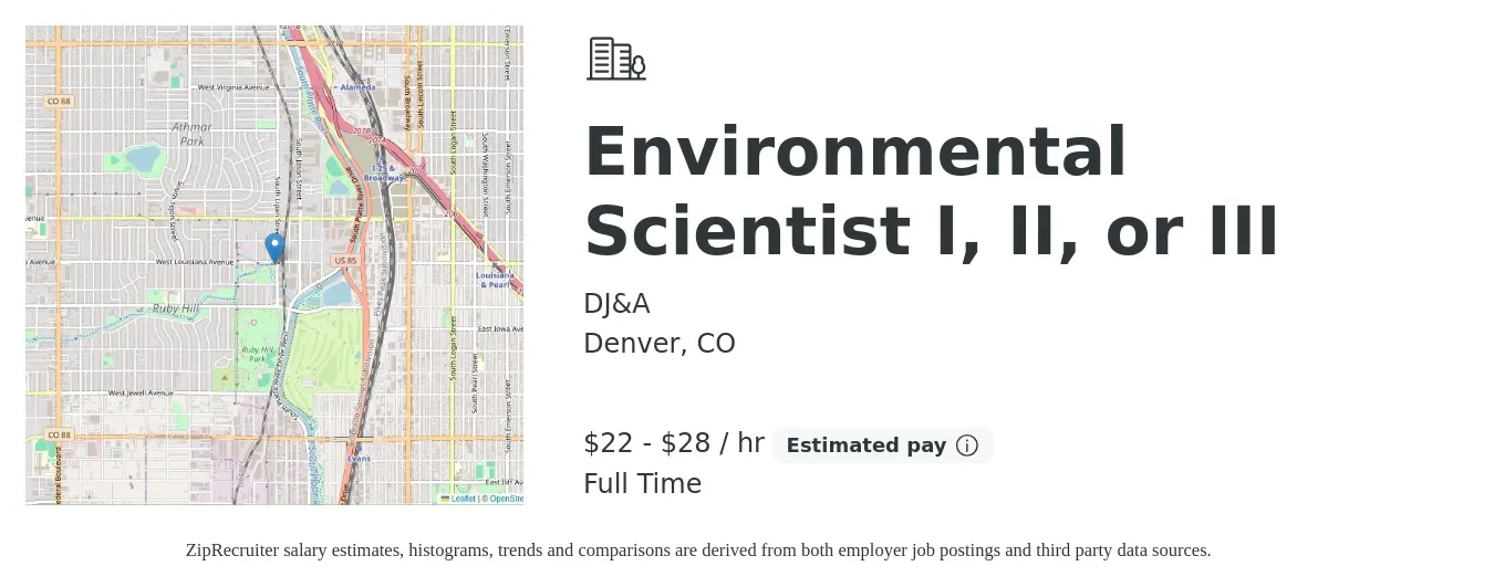DJ&A job posting for a Environmental Scientist I, II, or III in Denver, CO with a salary of $23 to $30 Hourly with a map of Denver location.