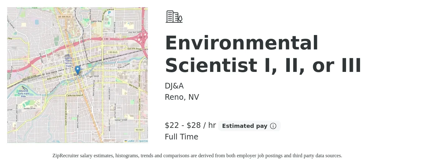DJ&A job posting for a Environmental Scientist I, II, or III in Reno, NV with a salary of $23 to $30 Hourly with a map of Reno location.