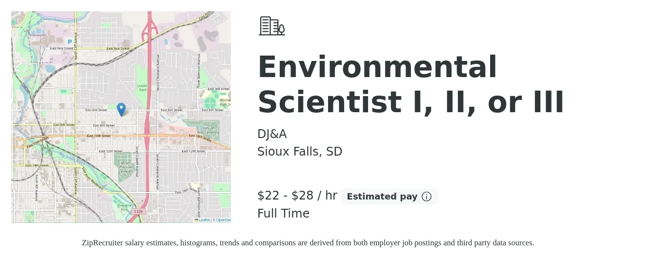 DJ&A job posting for a Environmental Scientist I, II, or III in Sioux Falls, SD with a salary of $23 to $30 Hourly with a map of Sioux Falls location.