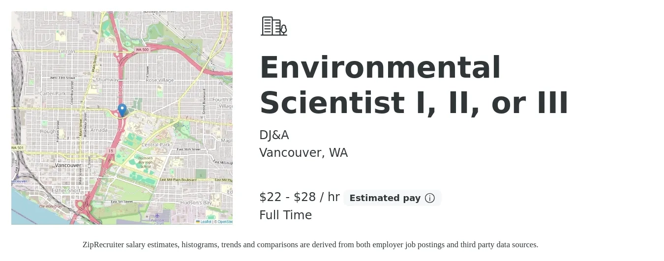 DJ&A job posting for a Environmental Scientist I, II, or III in Vancouver, WA with a salary of $23 to $30 Hourly with a map of Vancouver location.