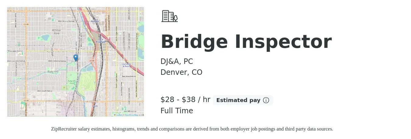 DJ&A, PC job posting for a Bridge Inspector in Denver, CO with a salary of $30 to $40 Hourly with a map of Denver location.