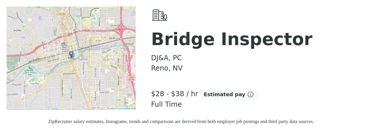 DJ&A, PC job posting for a Bridge Inspector in Reno, NV with a salary of $30 to $40 Hourly with a map of Reno location.