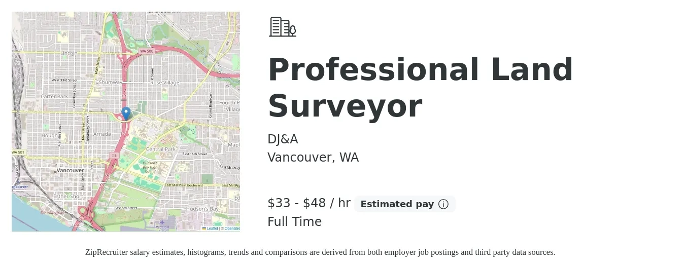 DJ&A job posting for a Professional Land Surveyor in Vancouver, WA with a salary of $35 to $50 Hourly with a map of Vancouver location.