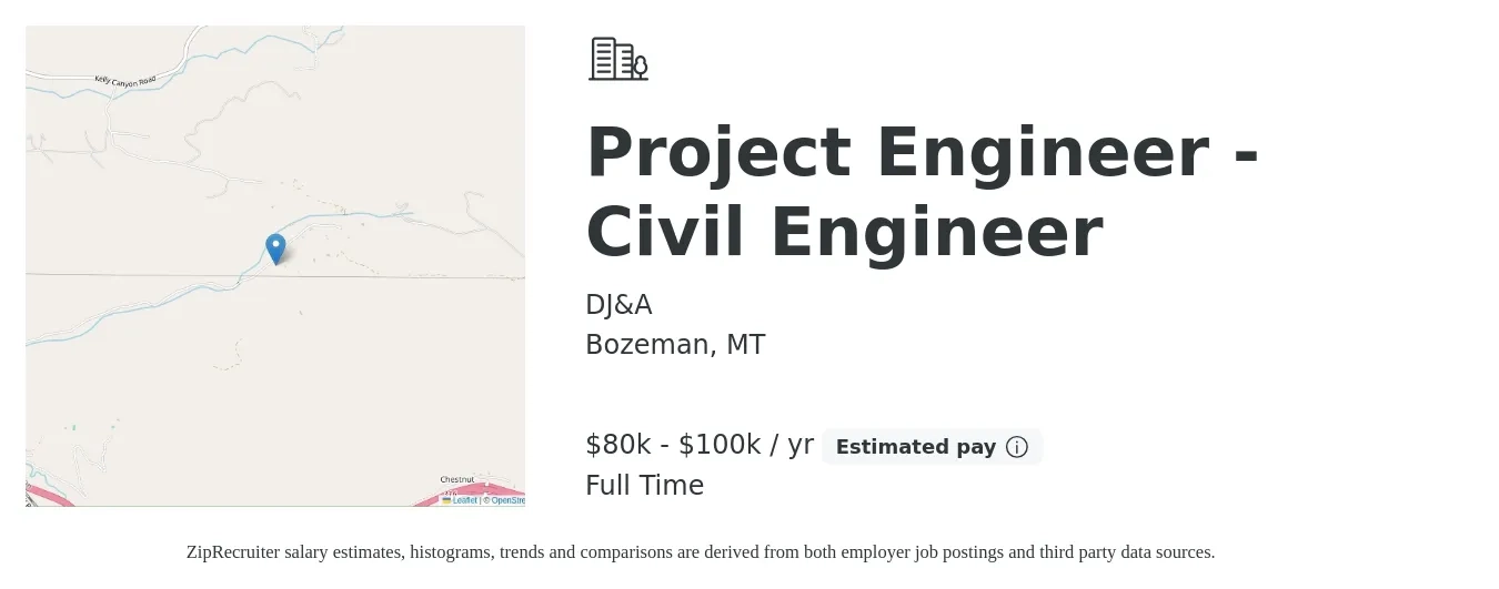DJ&A job posting for a Project Engineer - Civil Engineer in Bozeman, MT with a salary of $80,000 to $100,000 Yearly with a map of Bozeman location.