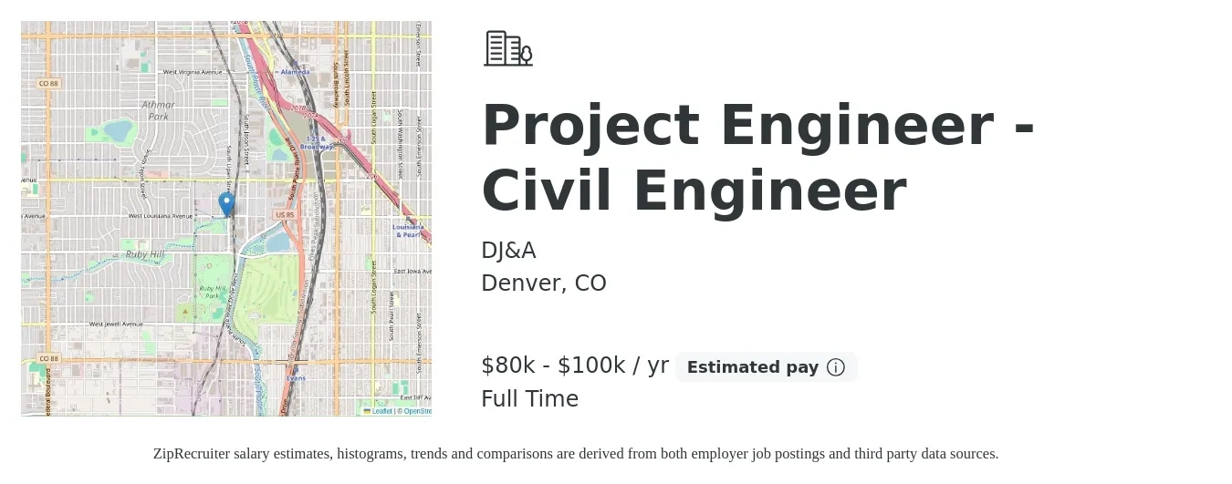DJ&A job posting for a Project Engineer - Civil Engineer in Denver, CO with a salary of $80,000 to $100,000 Yearly with a map of Denver location.