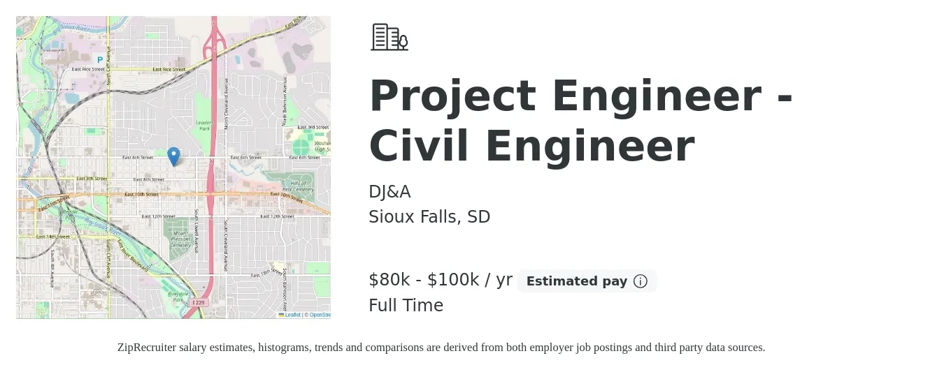 DJ&A job posting for a Project Engineer - Civil Engineer in Sioux Falls, SD with a salary of $80,000 to $100,000 Yearly with a map of Sioux Falls location.