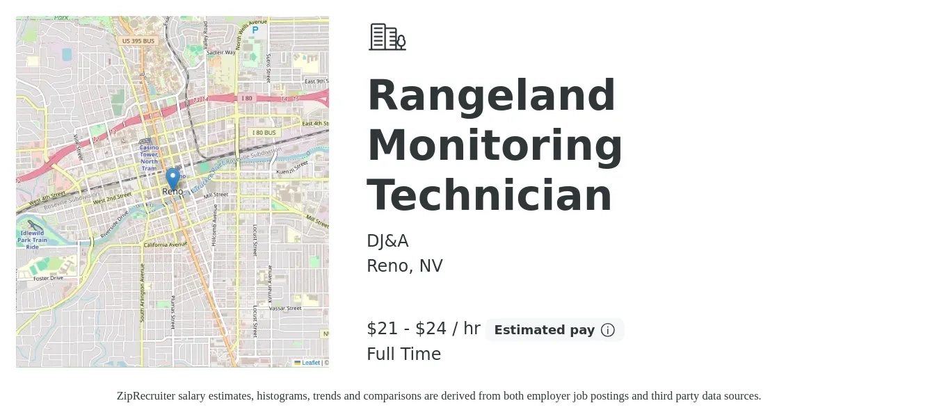 DJ&A job posting for a Rangeland Monitoring Technician in Reno, NV with a salary of $22 to $25 Hourly with a map of Reno location.
