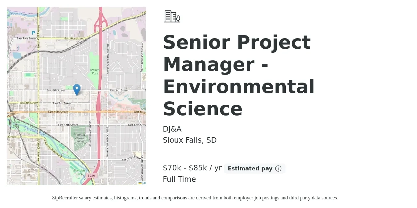 DJ&A job posting for a Senior Project Manager - Environmental Science in Sioux Falls, SD with a salary of $70,000 to $85,000 Yearly with a map of Sioux Falls location.