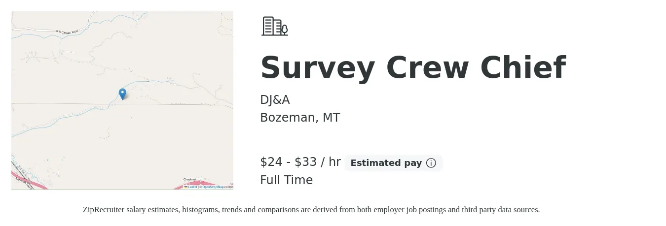 DJ&A job posting for a Survey Crew Chief in Bozeman, MT with a salary of $25 to $35 Hourly with a map of Bozeman location.