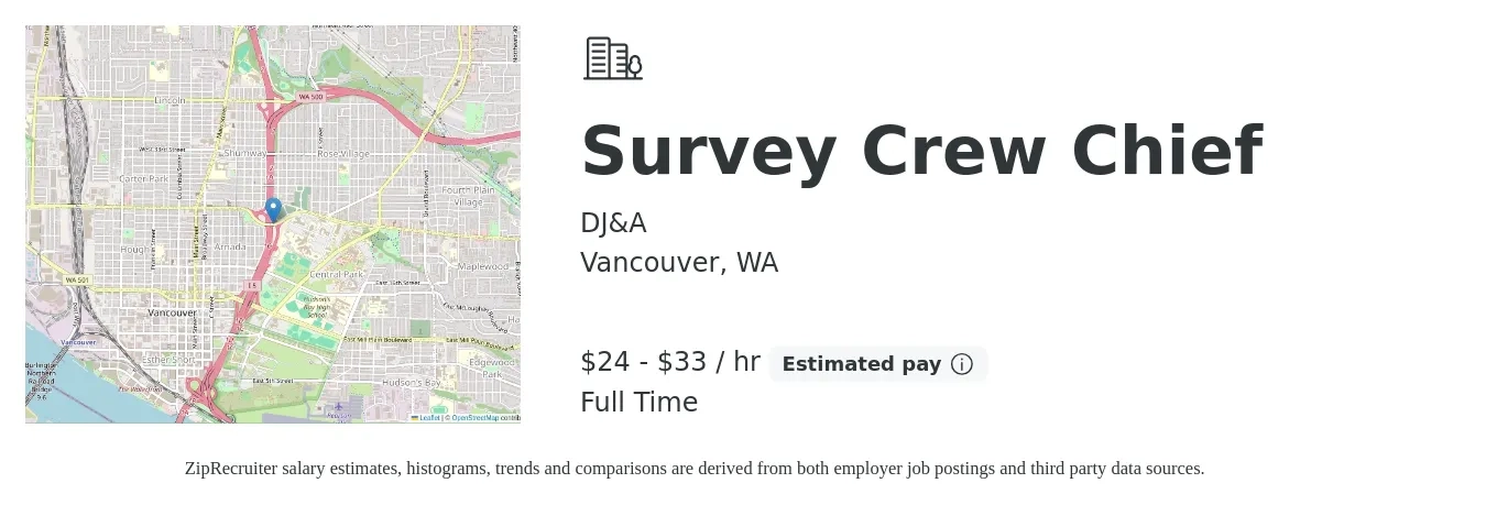 DJ&A job posting for a Survey Crew Chief in Vancouver, WA with a salary of $25 to $35 Hourly with a map of Vancouver location.