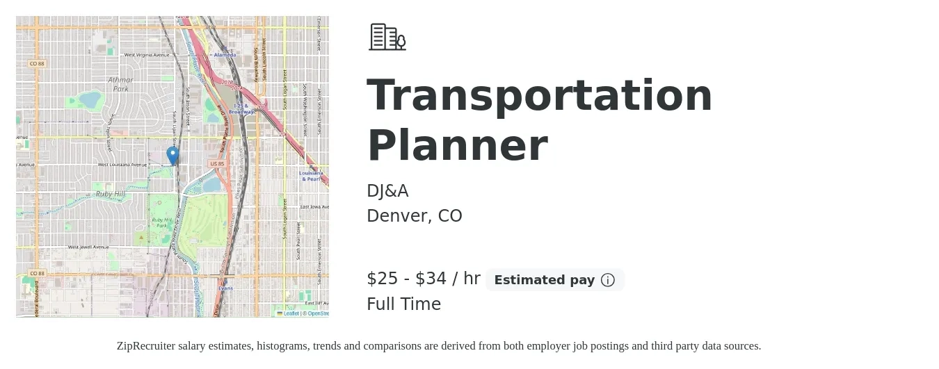 DJ&A job posting for a Transportation Planner in Denver, CO with a salary of $26 to $36 Hourly with a map of Denver location.