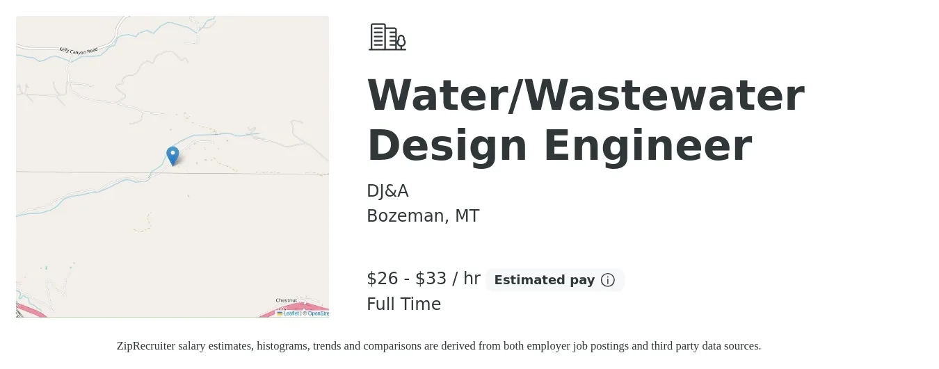 DJ&A job posting for a Water/Wastewater Design Engineer in Bozeman, MT with a salary of $28 to $35 Hourly with a map of Bozeman location.