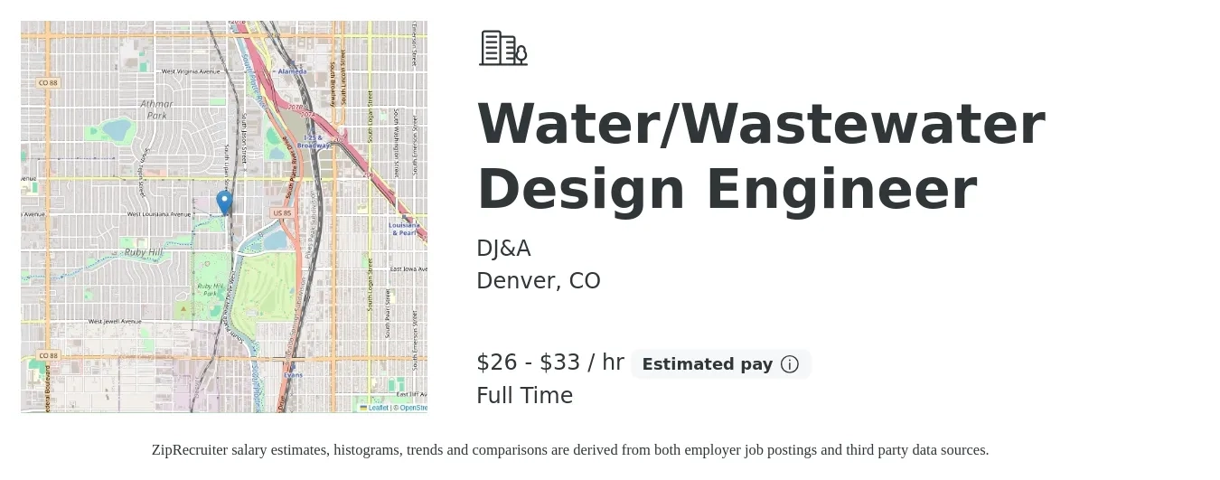 DJ&A job posting for a Water/Wastewater Design Engineer in Denver, CO with a salary of $28 to $35 Hourly with a map of Denver location.