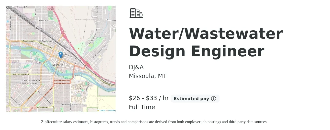 DJ&A job posting for a Water/Wastewater Design Engineer in Missoula, MT with a salary of $28 to $35 Hourly with a map of Missoula location.