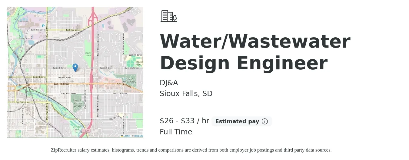DJ&A job posting for a Water/Wastewater Design Engineer in Sioux Falls, SD with a salary of $28 to $35 Hourly with a map of Sioux Falls location.