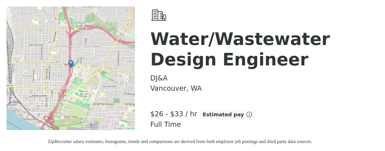 DJ&A job posting for a Water/Wastewater Design Engineer in Vancouver, WA with a salary of $28 to $35 Hourly with a map of Vancouver location.
