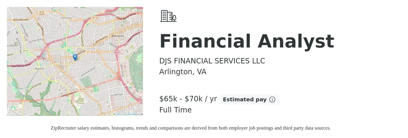 DJS FINANCIAL SERVICES LLC job posting for a Financial Analyst in Arlington, VA with a salary of $65,000 to $70,000 Yearly with a map of Arlington location.