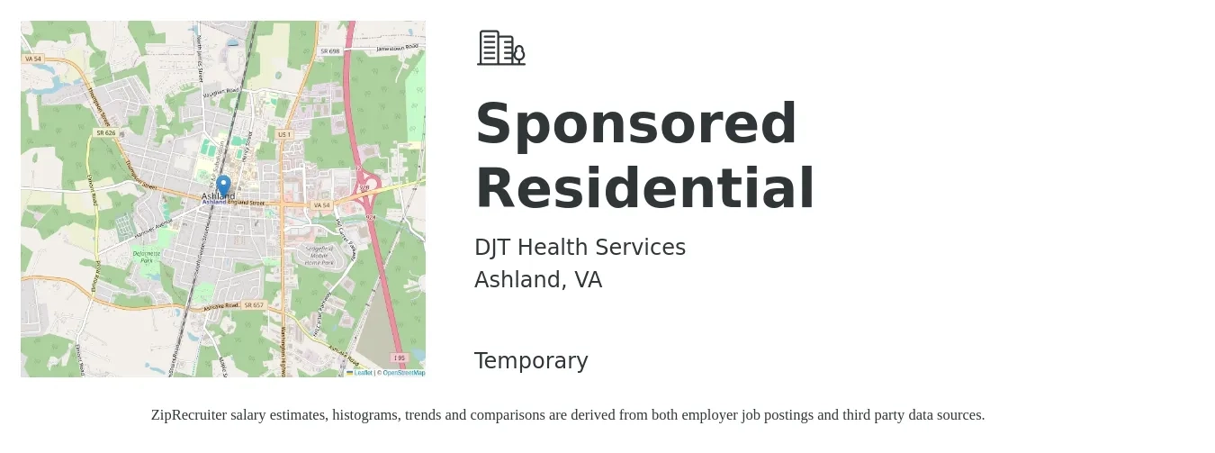 DJT Health Services job posting for a Sponsored Residential in Ashland, VA with a salary of $5,000 to $8,000 Monthly with a map of Ashland location.