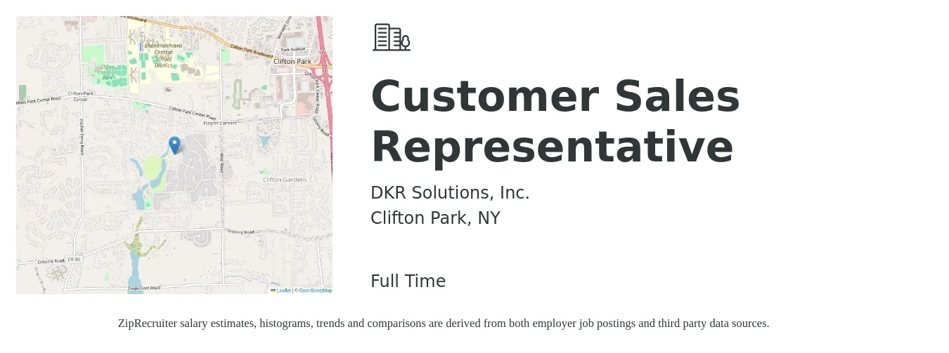 DKR Solutions, Inc. job posting for a Customer Sales Representative in Clifton Park, NY with a salary of $730 to $950 Weekly with a map of Clifton Park location.