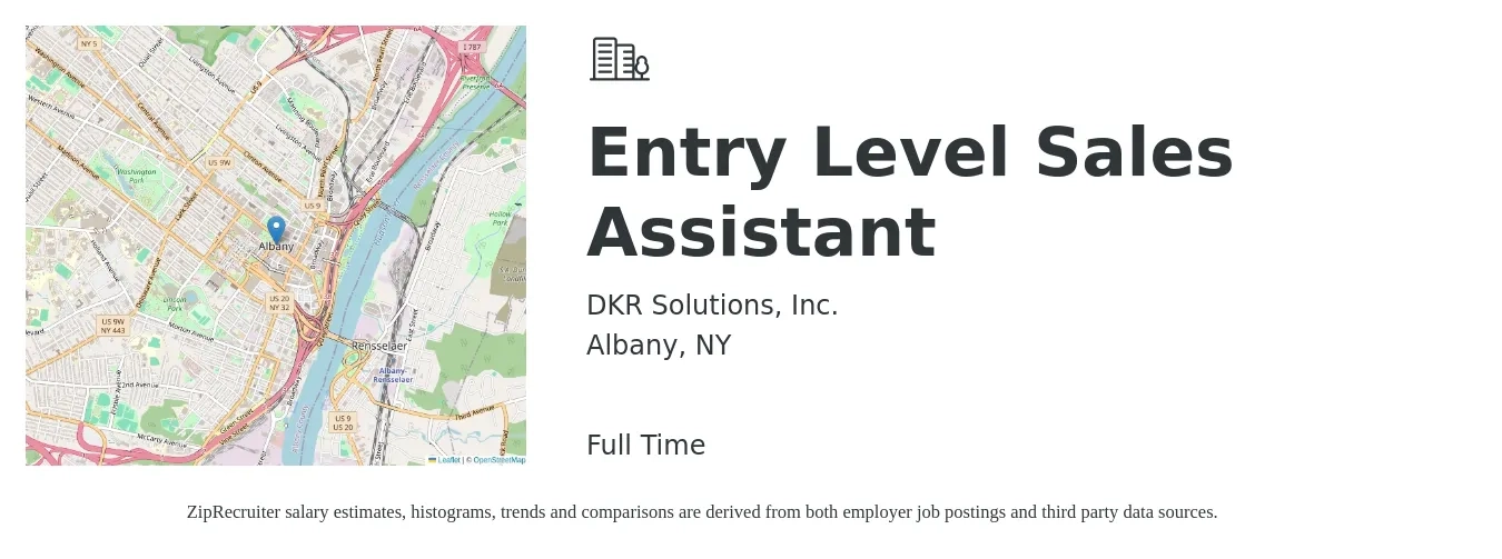 DKR Solutions, Inc. job posting for a Entry Level Sales Assistant in Albany, NY with a salary of $36,700 to $49,600 Yearly with a map of Albany location.